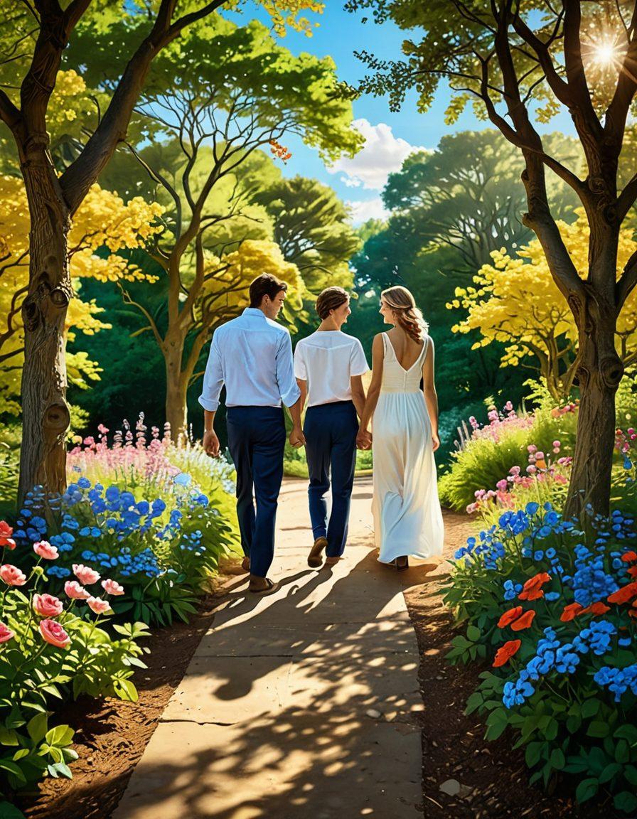 A romantic couple walking hand-in-hand on a winding path surrounded by blooming flowers and soft sunlight filtering through the trees, symbolizing their journey together. Heart-shaped cloud formations in the sky add a whimsical touch. Include visual elements like road signs with love tips. super-realistic. vibrant colors. soft focus.