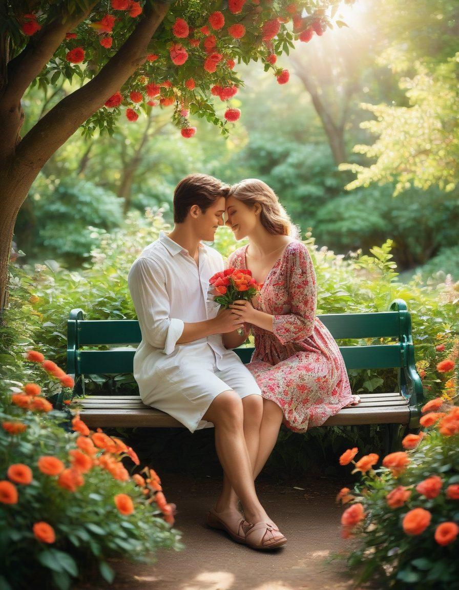 A warm and cozy couple sitting together on a park bench, surrounded by blooming flowers, holding hands and gazing into each other's eyes, with soft sunlight filtering through the leaves. Include symbolic elements like heart shapes subtly integrated into the scenery, a journal and pen beside them. The atmosphere should be filled with love and connection. vibrant colors. soft focus.