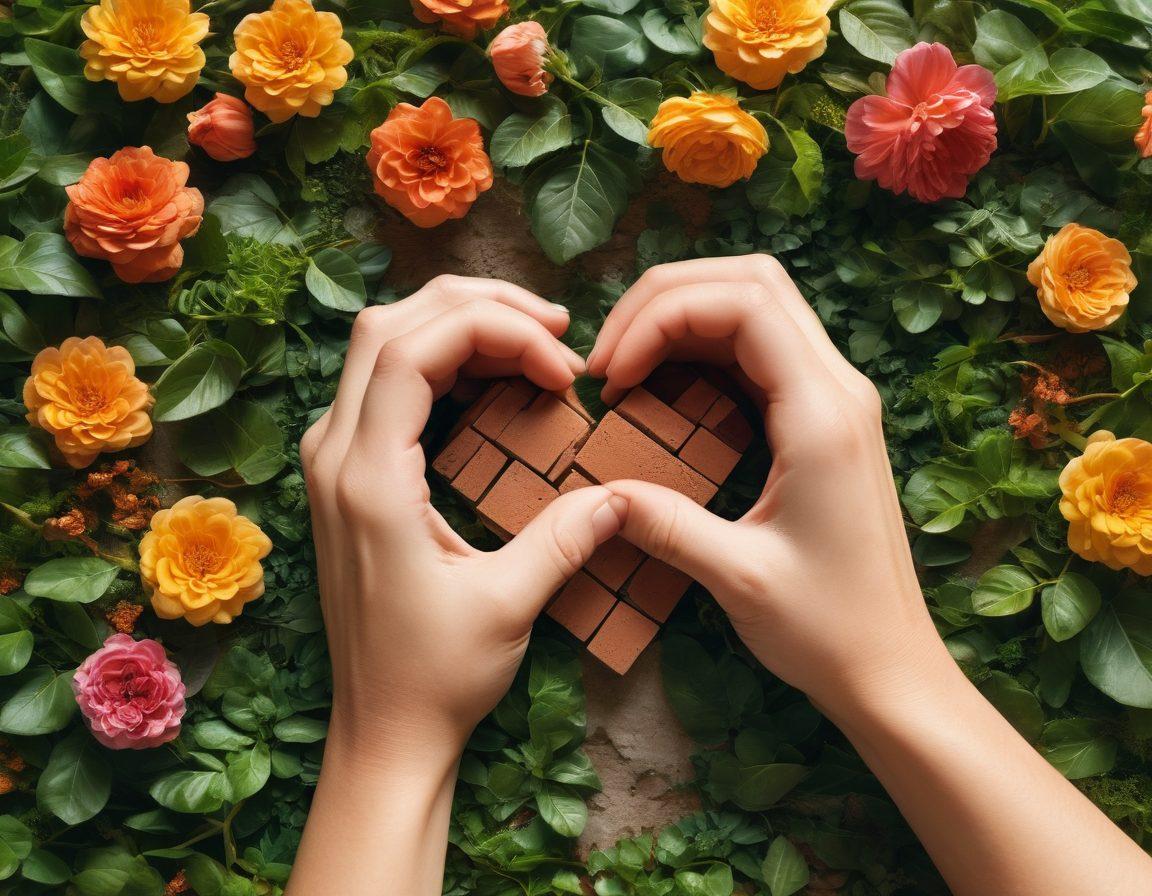 A serene scene depicting two hands gently building a heart made of interlocking bricks, symbolizing trust and devotion. Surround the heart with lush greenery and flowers to represent growth, resilience, and love. Soft sunlight filters through the trees, casting a warm glow on the scene, enhancing the feelings of warmth and connection. super-realistic. vibrant colors. natural background.